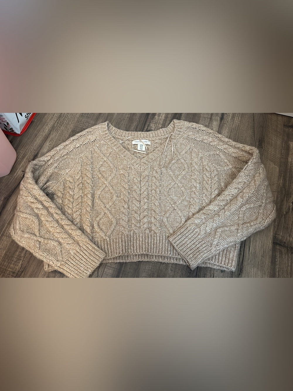 Happily Grey Cream Cable-Textured V-Neck Sweater